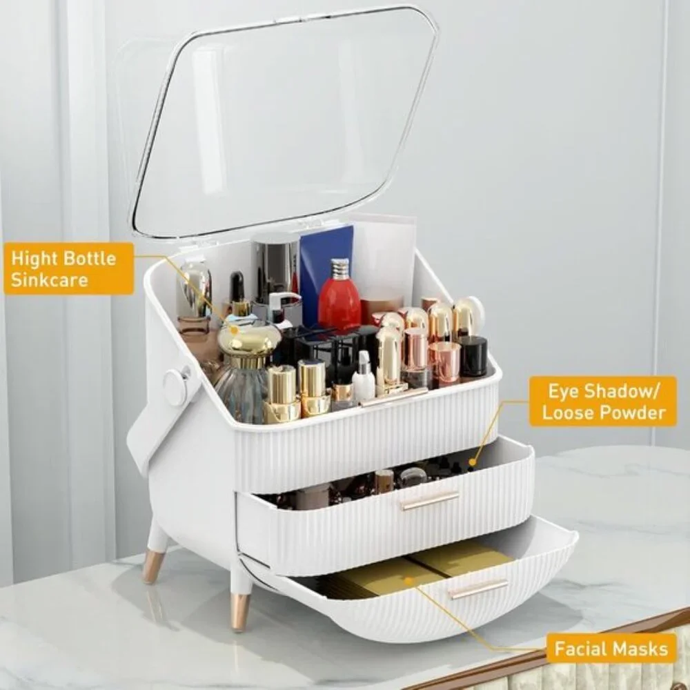 New Makeup Organizer with Lid & 2 Drawers, Large, Dustproof Vanity Storage Box